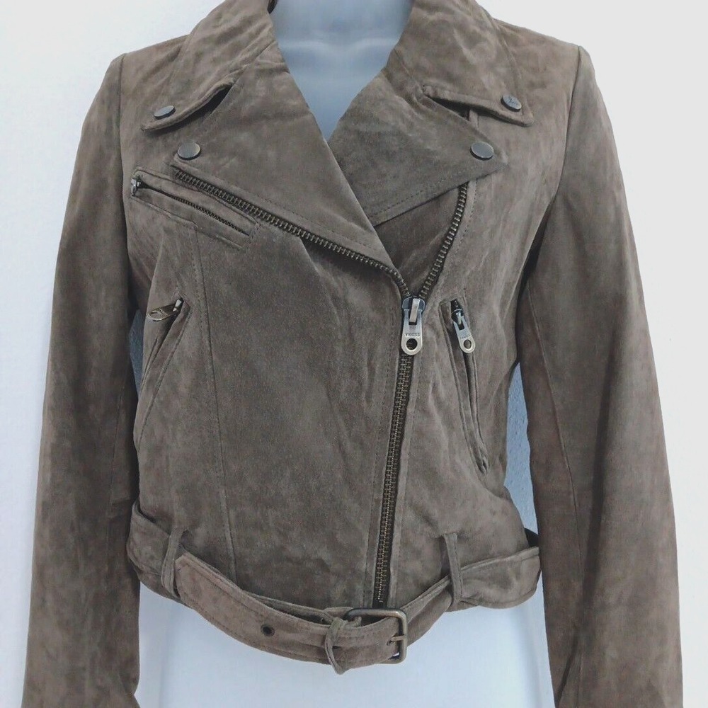 Suede Jacket Womens SMALL Moto Beige Taupe Rock Y2K‎ Leather Khaki Grunge Biker - Picture 2 of 14